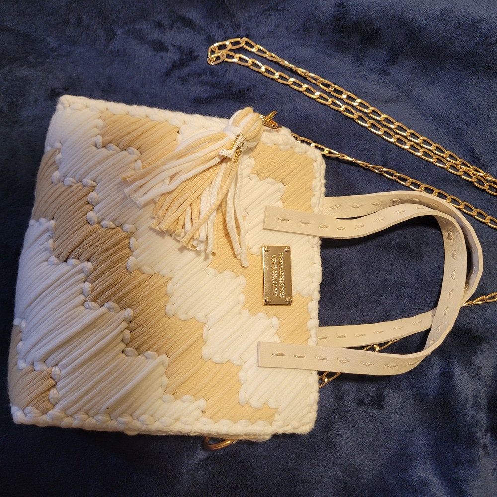 Cream and Tan Shoulder Bag with Gold Chain Tassel